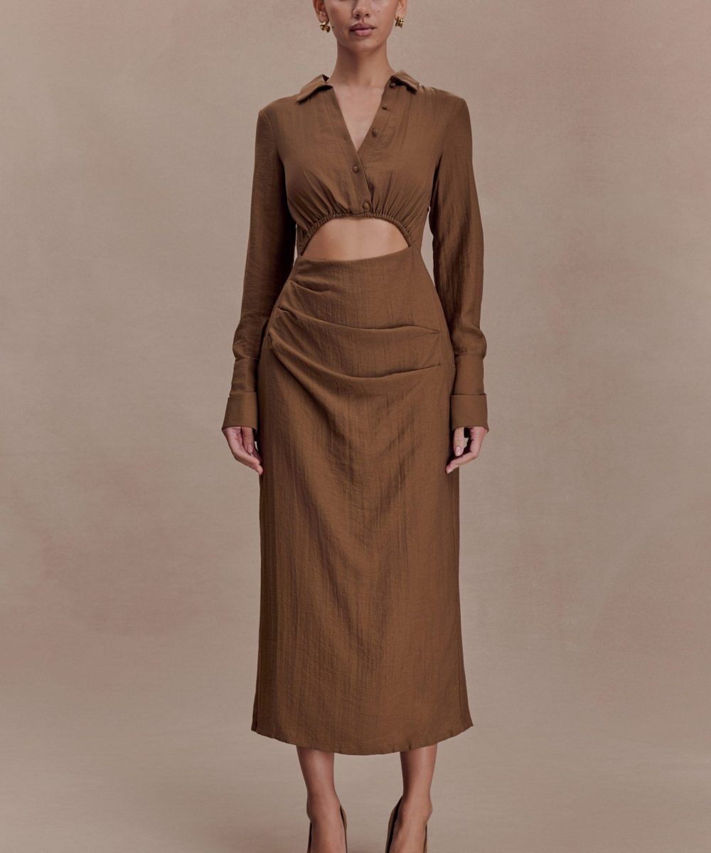 Cecilie Cut Out Shirt Midi Dress - Dark Chocolate