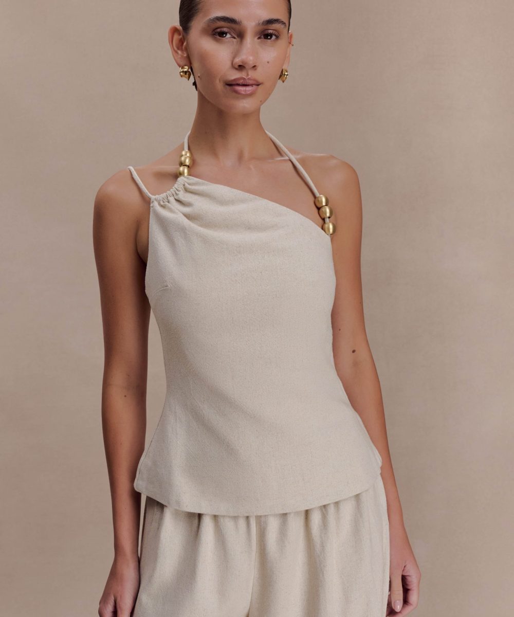 Gabby Asymmetrical Neckline Linen Beaded Top - Natural