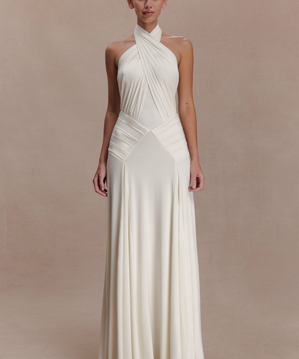 Indira Gathered Slinky Halter Maxi Dress - Ivory