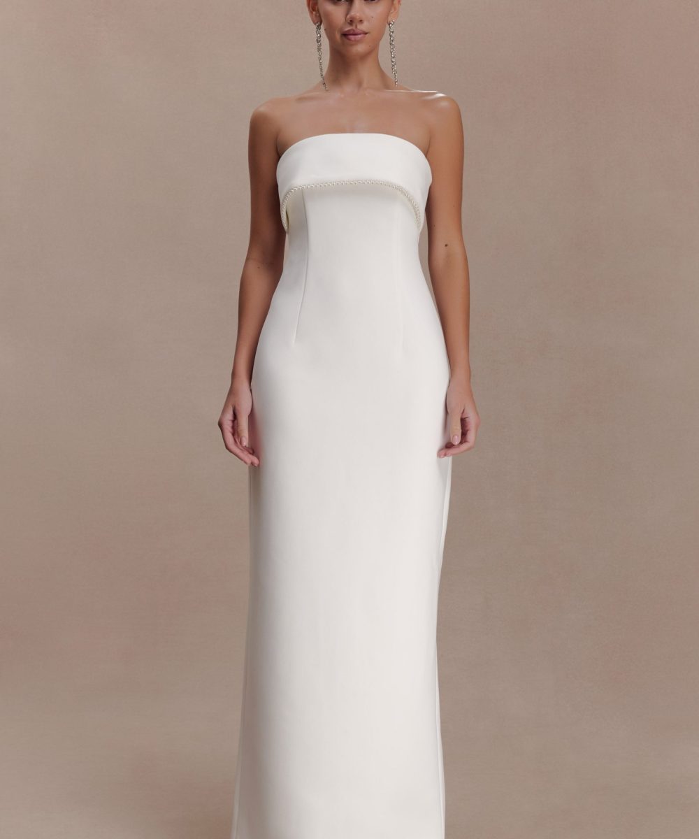 Sloane Strapless Maxi Dress With Pearls - White