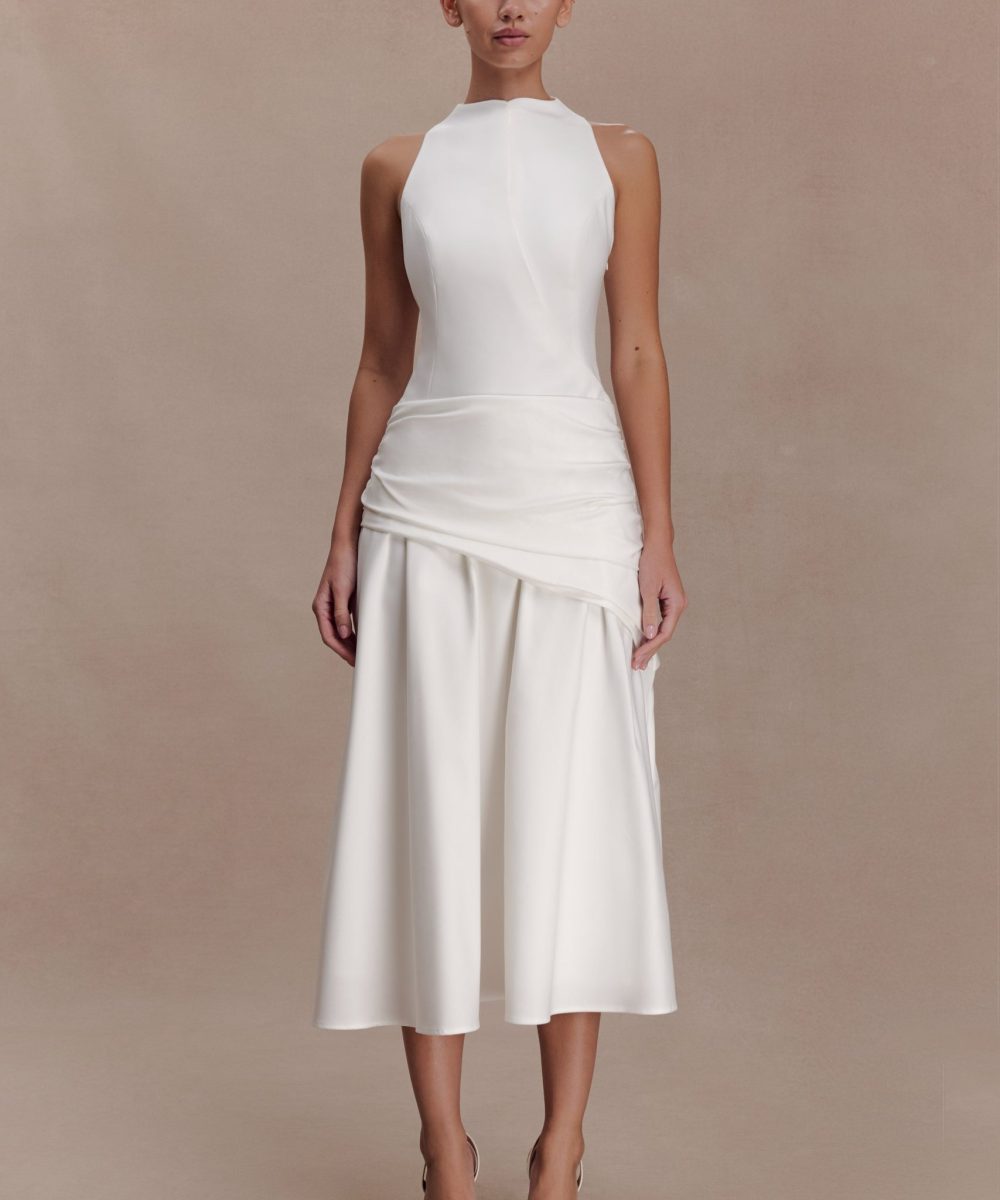 Emily Wrapped Waist Midi Dress - White