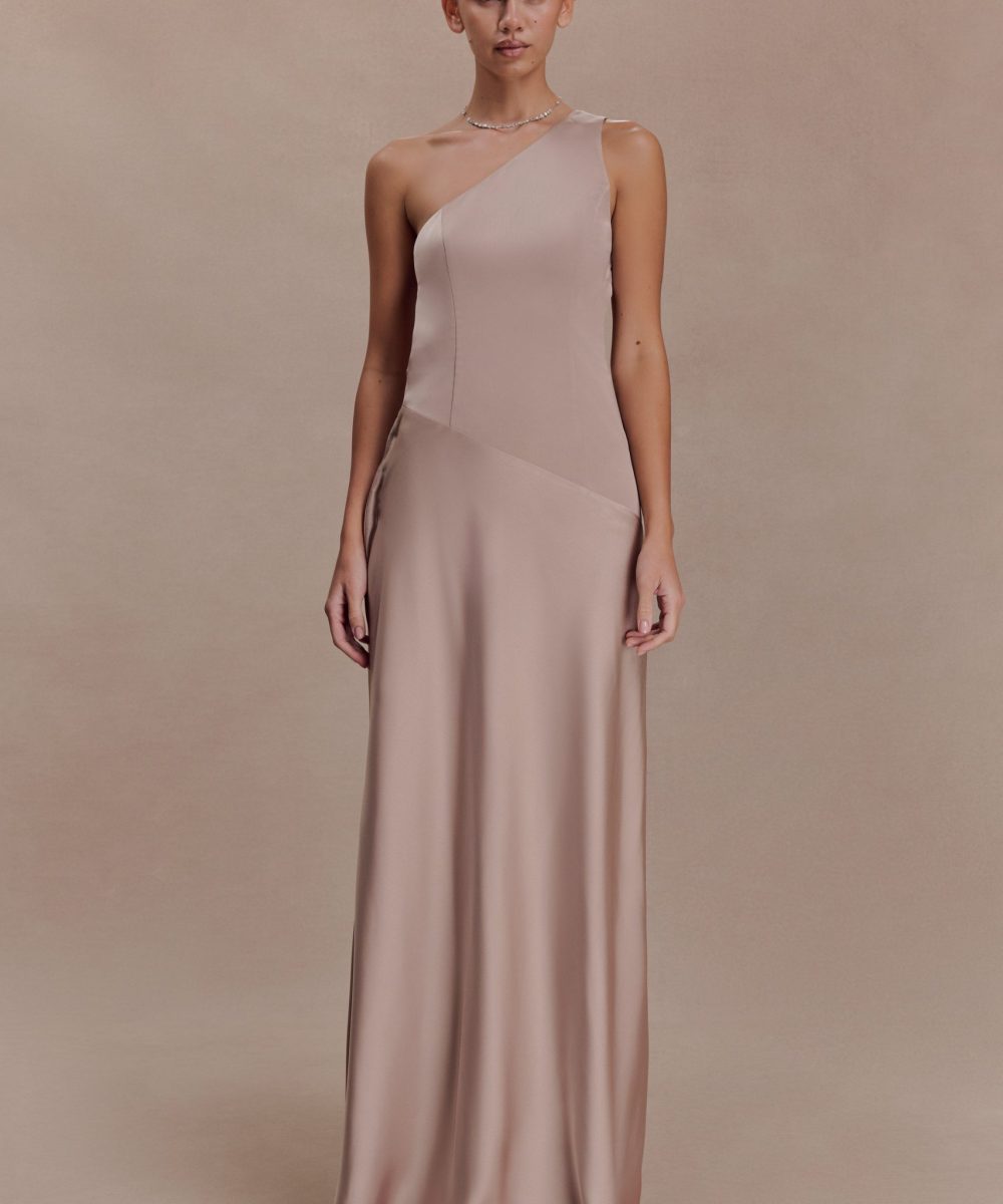 Lyla Asymmetrical Satin Maxi Dress - Bronze Taupe