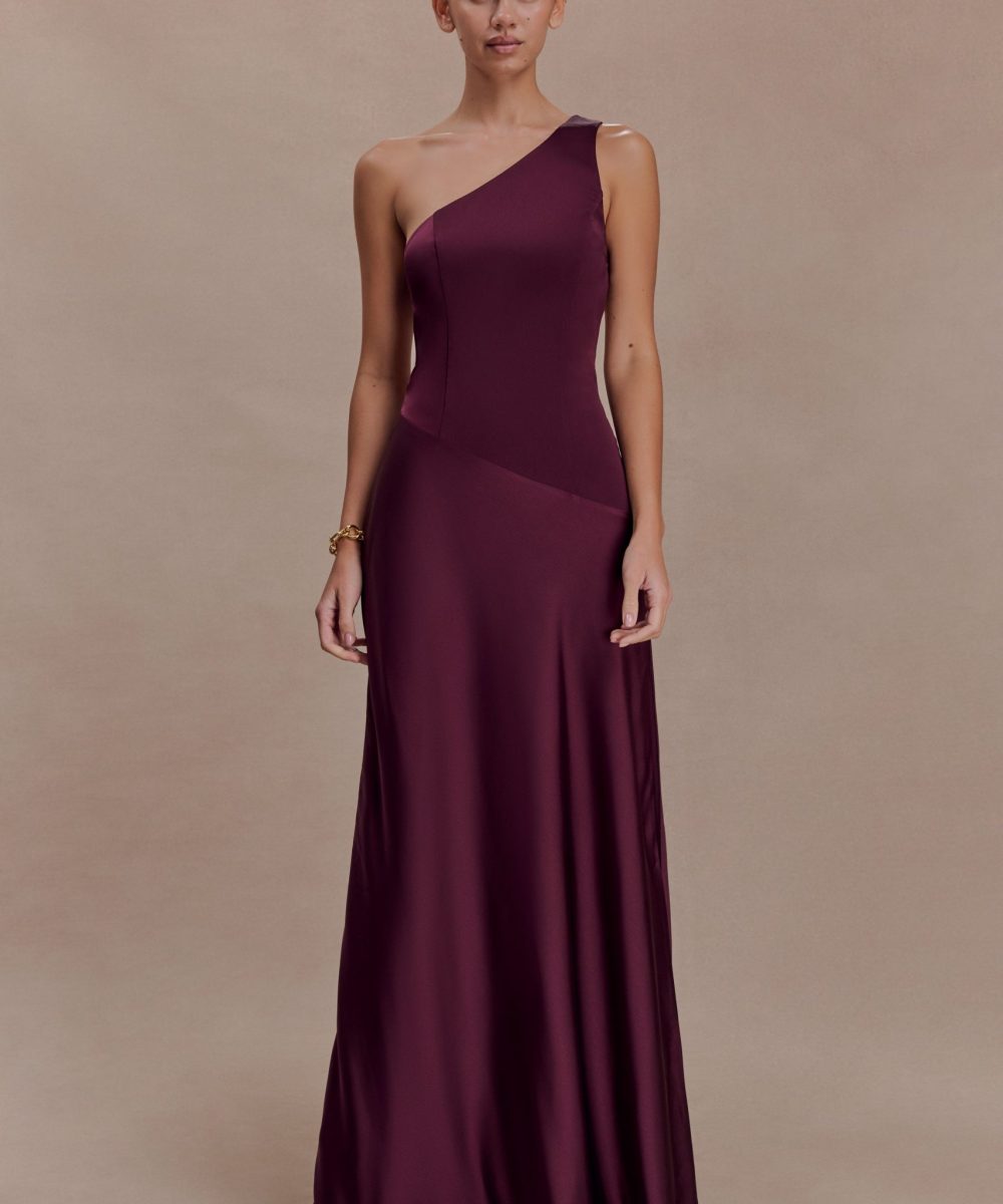 Lyla Asymmetrical Satin Maxi Dress - Plum