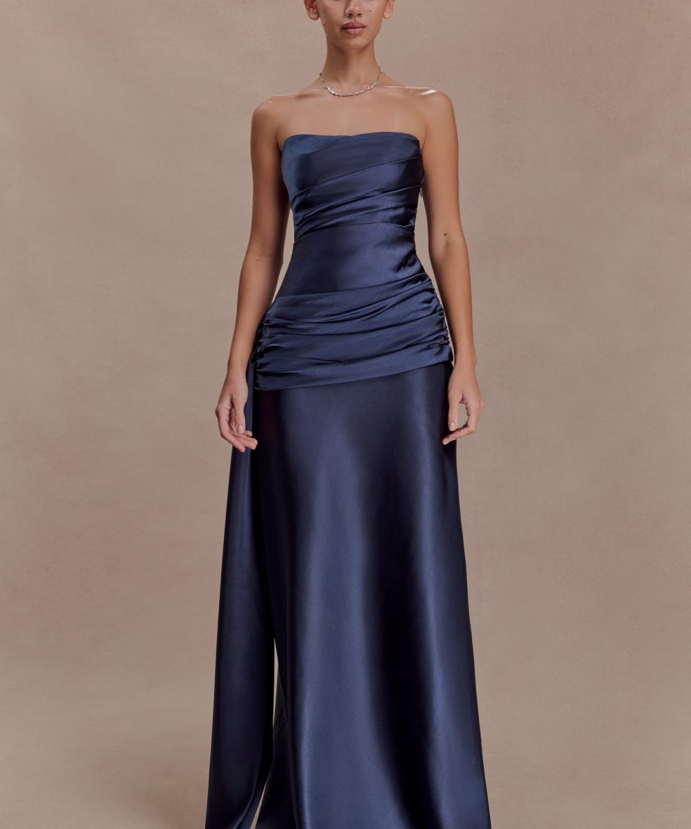 Sarah Strapless Maxi Dress With Waist Tie - Navy