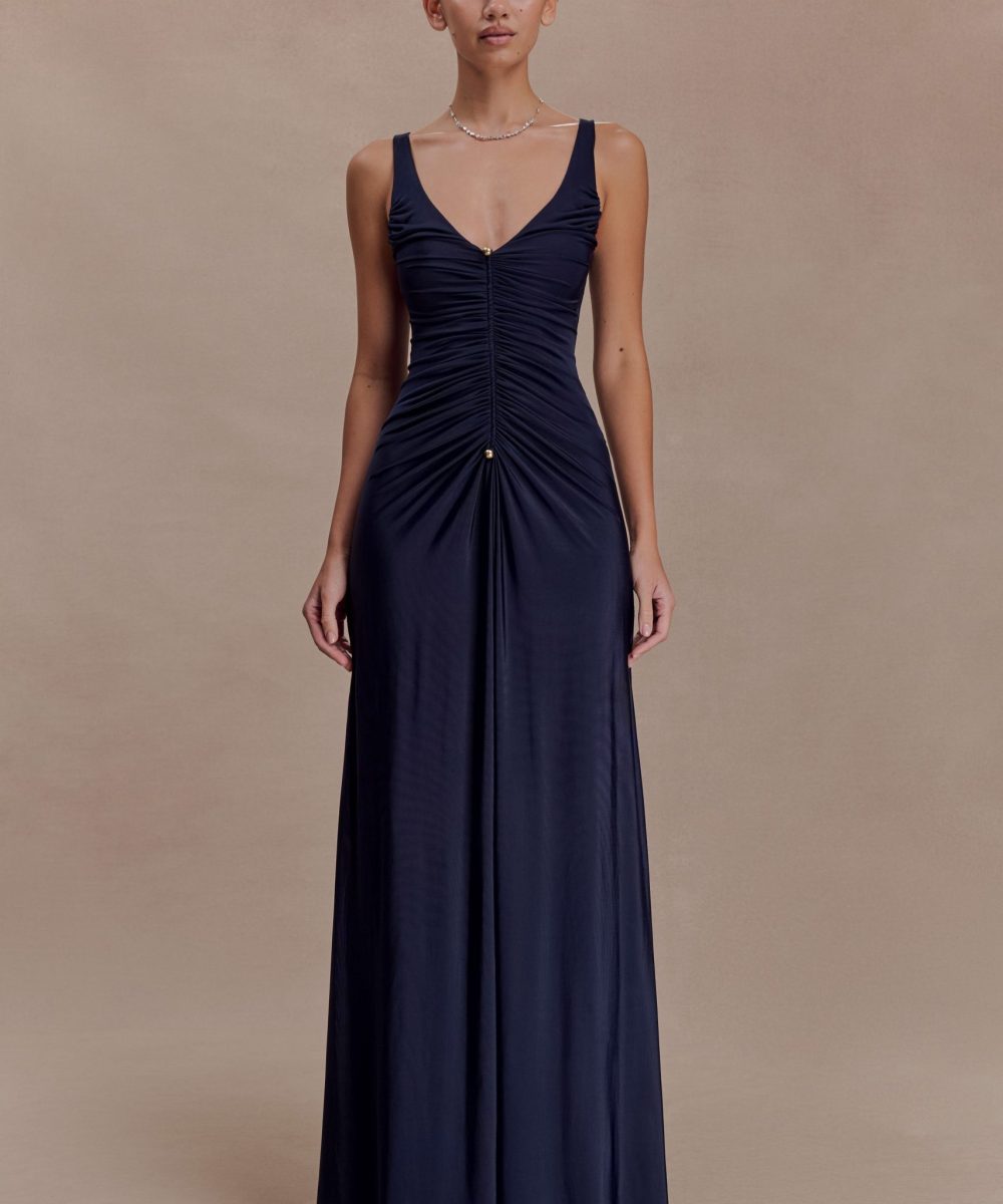 Perrie Slinky Ruched Maxi Dress - Ink Blue