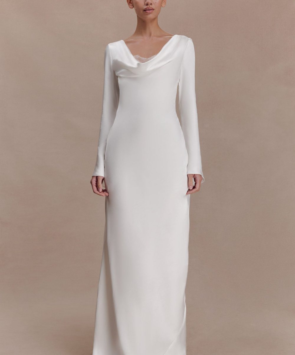 Eliza Long Sleeve Cowl Lace And Satin Maxi Dress - Ivory