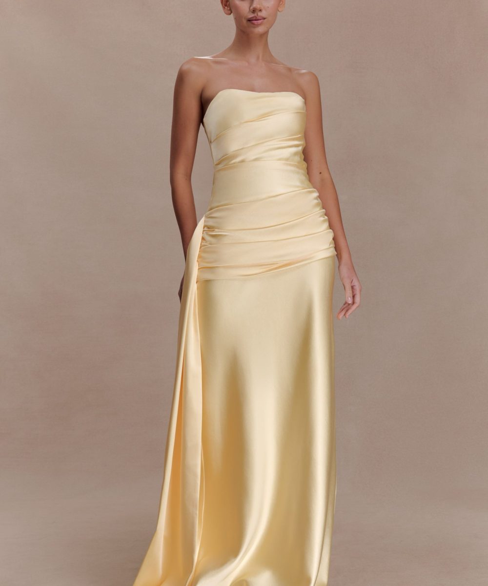 Sarah Strapless Maxi Dress With Waist Tie - Lemon