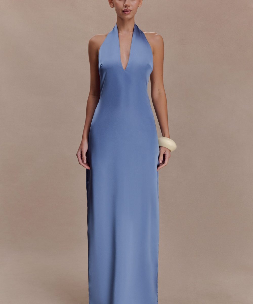 Jade Satin Halter Maxi Dress - Steel Blue
