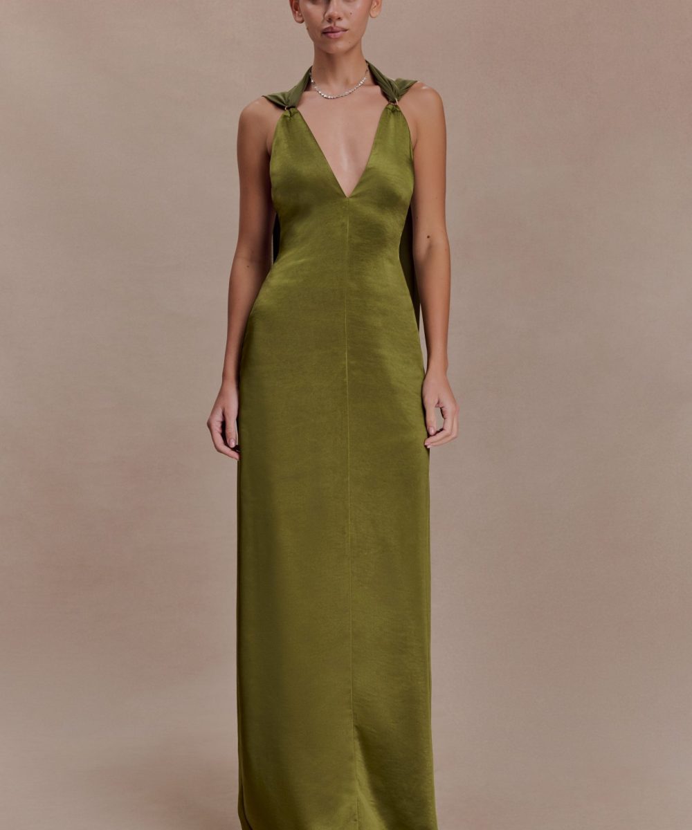 Myla Draped Shoulders Satin Maxi Dress - Khaki