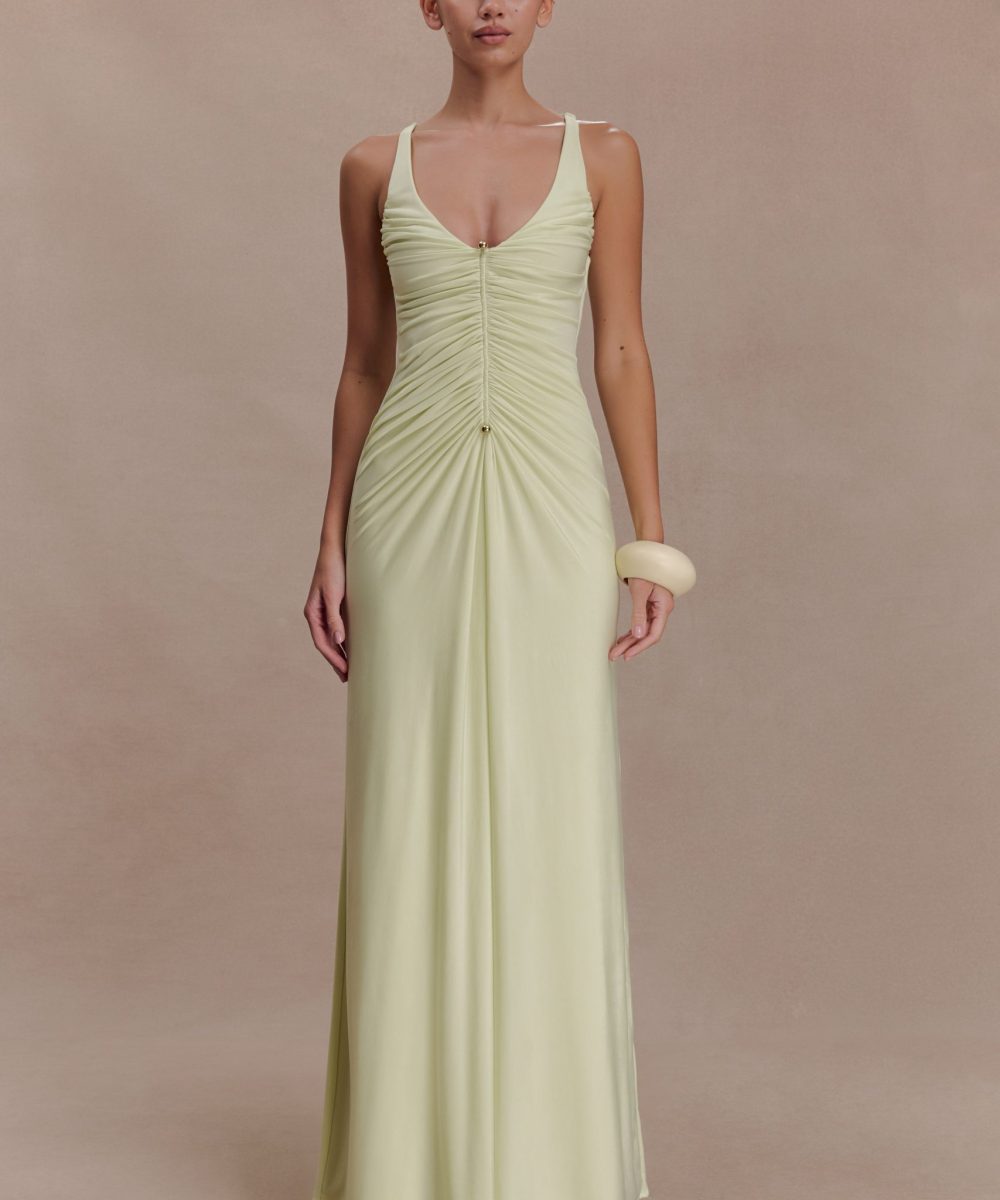 Perrie Slinky Ruched Maxi Dress - Pastel Lime