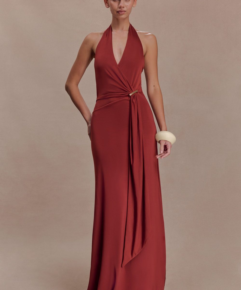 Veda Slinky Halter Maxi Dress - Russet