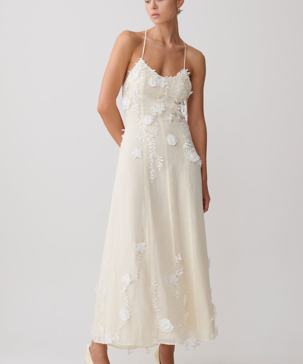 Odette Floral Lace Midi Dress - Buttermilk