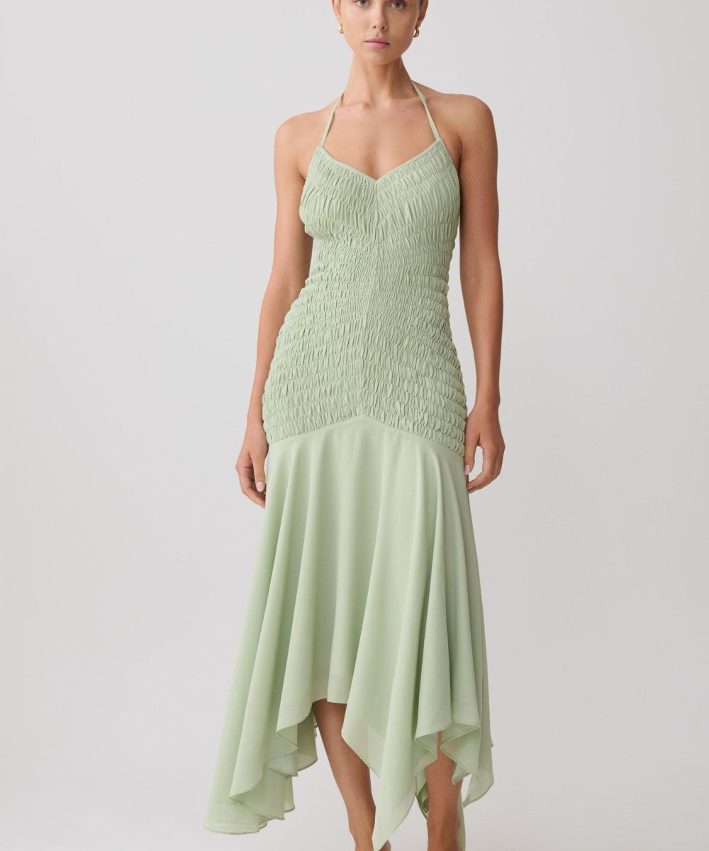 Evelyn Shirred Chiffon Maxi Dress - Sage