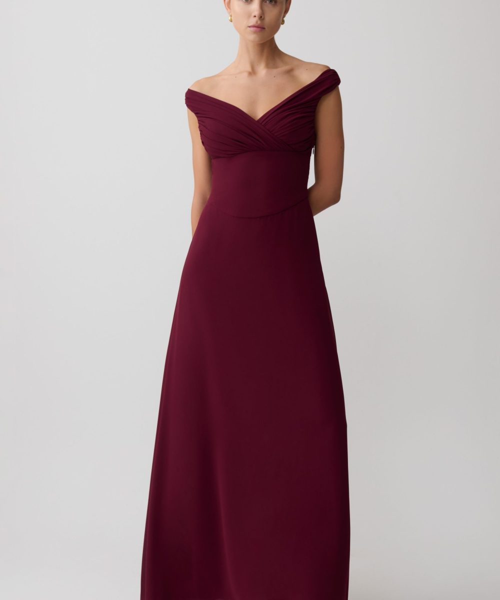 Mabel Off Shoulder Chiffon Maxi Dress - Merlot
