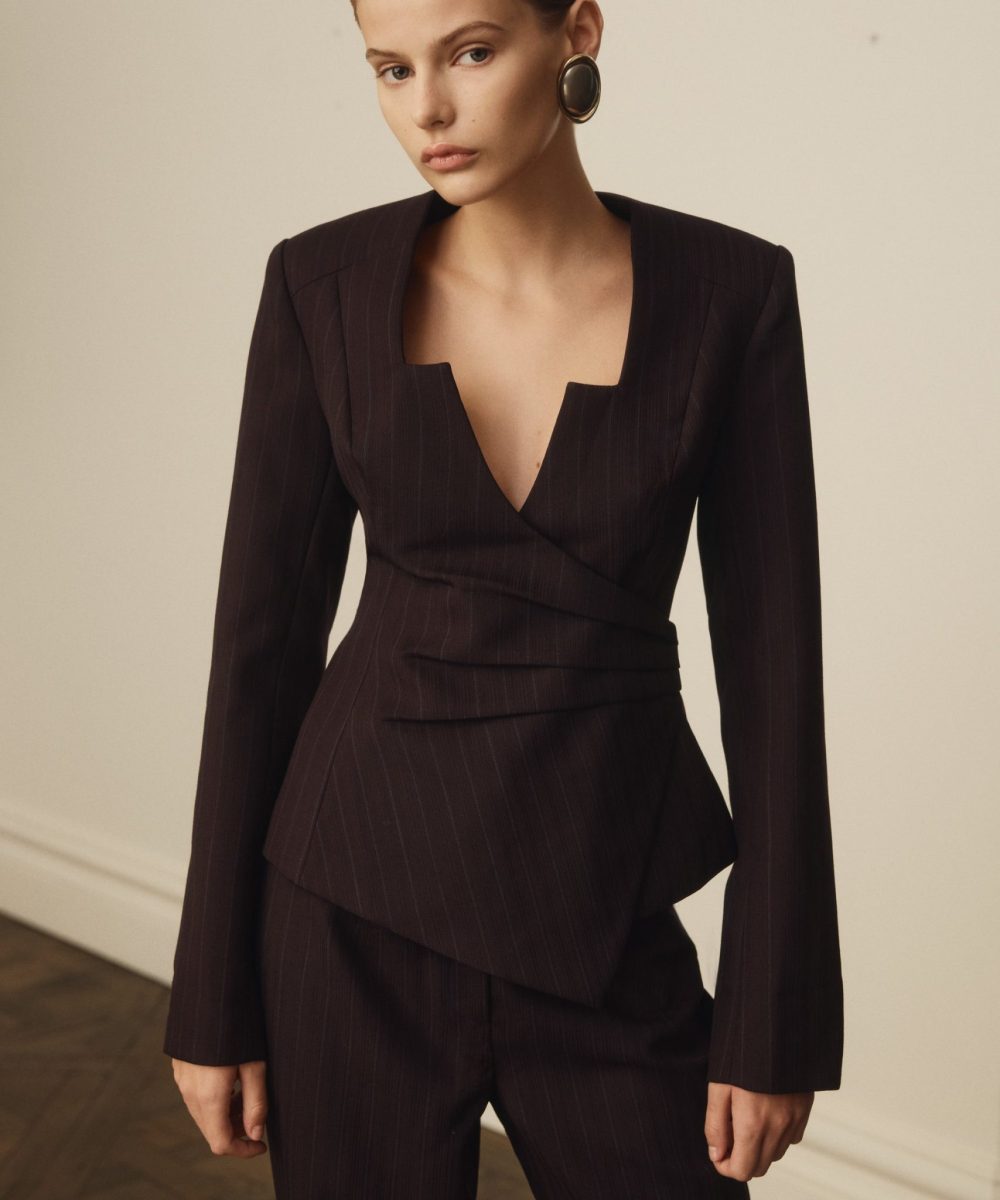 Agatha Square Neck Blazer - Plum Pinstripe