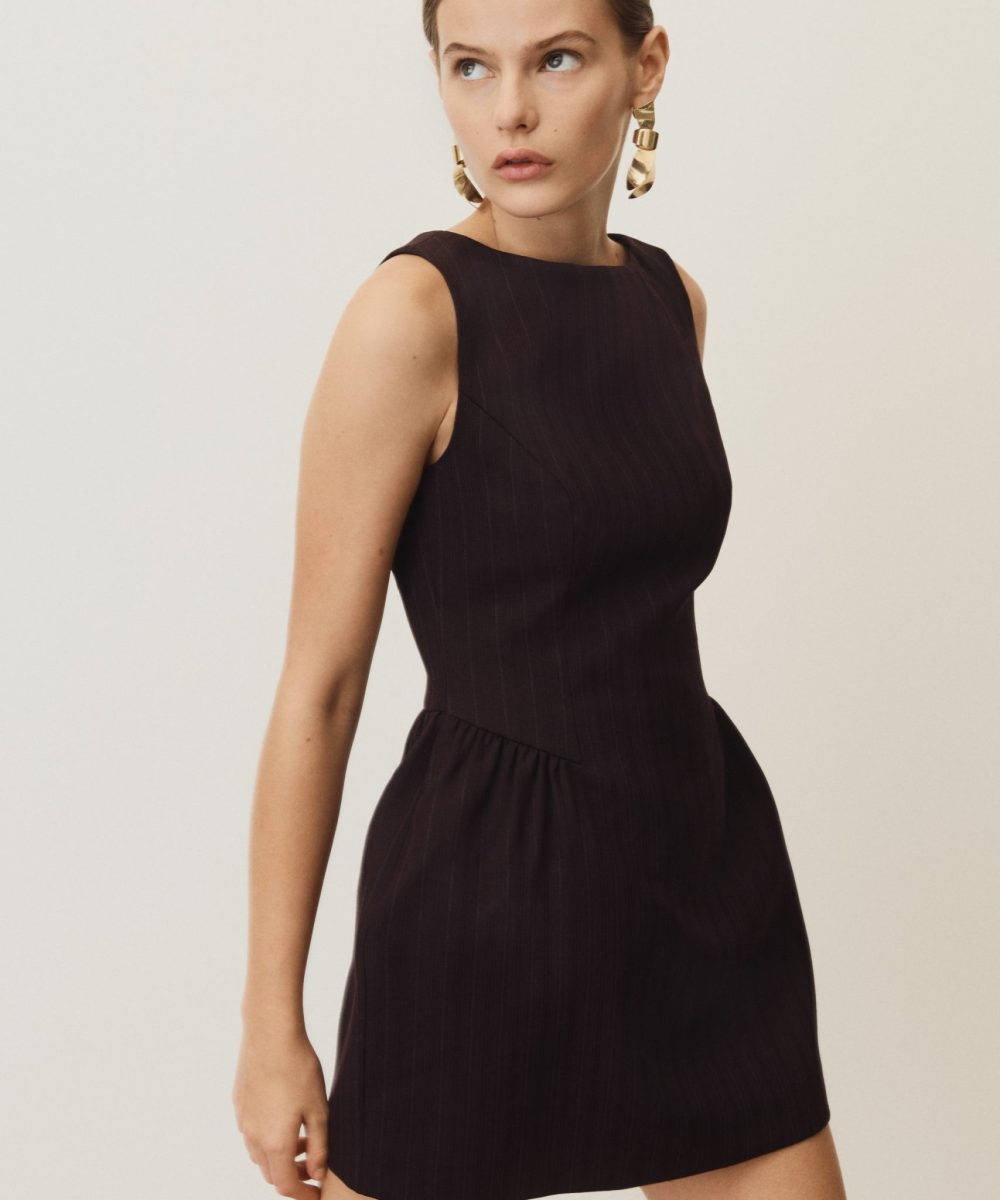 Hallie Boat Neck Mini Dress - Plum Pinstripe