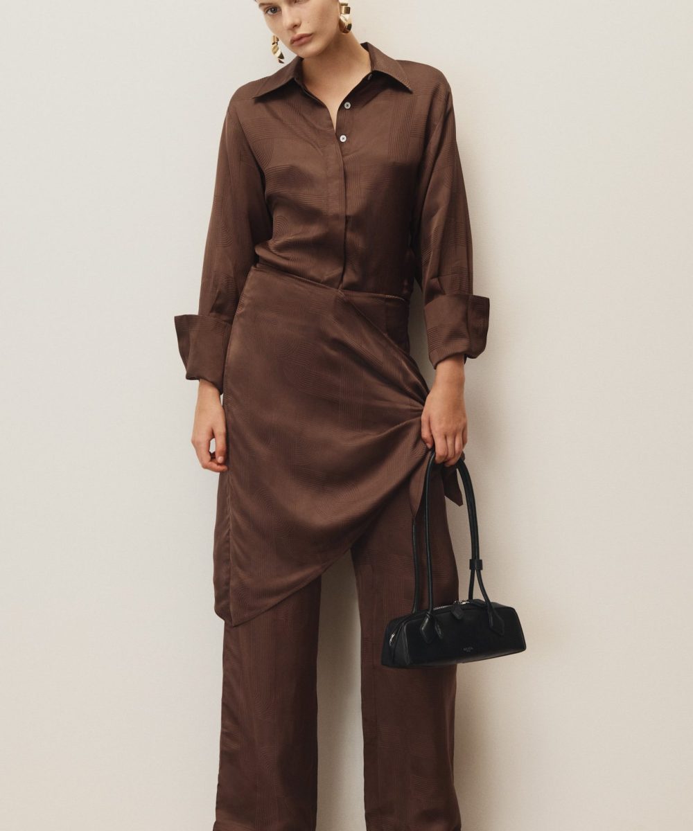 Gia Long Sleeve Satin Shirt - Chocolate