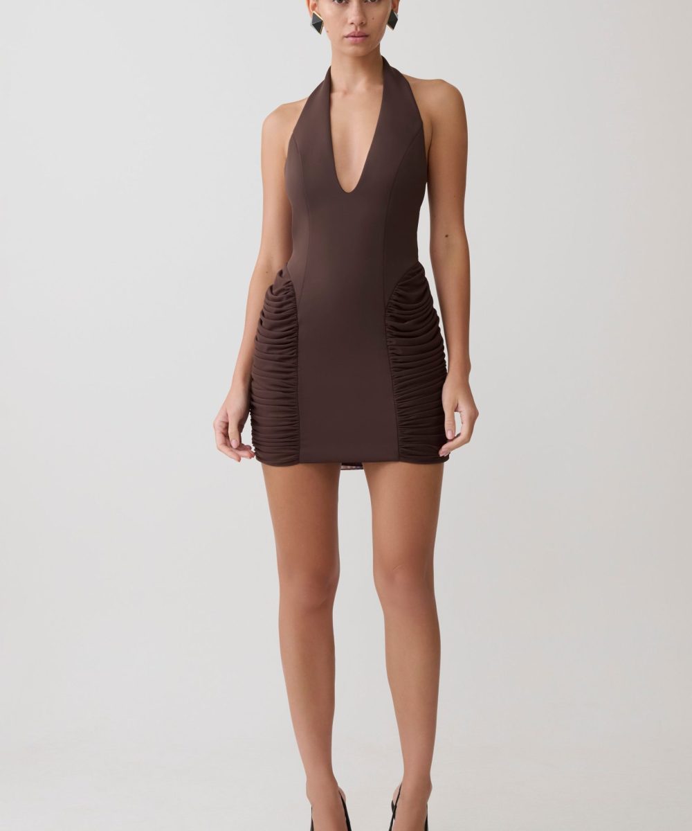 Anari Gathered Scuba Mini Dress - Dark Chocolate