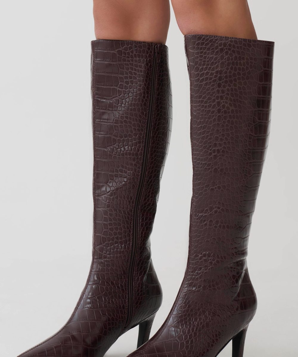 Sarah Faux Leather Crocodile Boot - Chocolate
