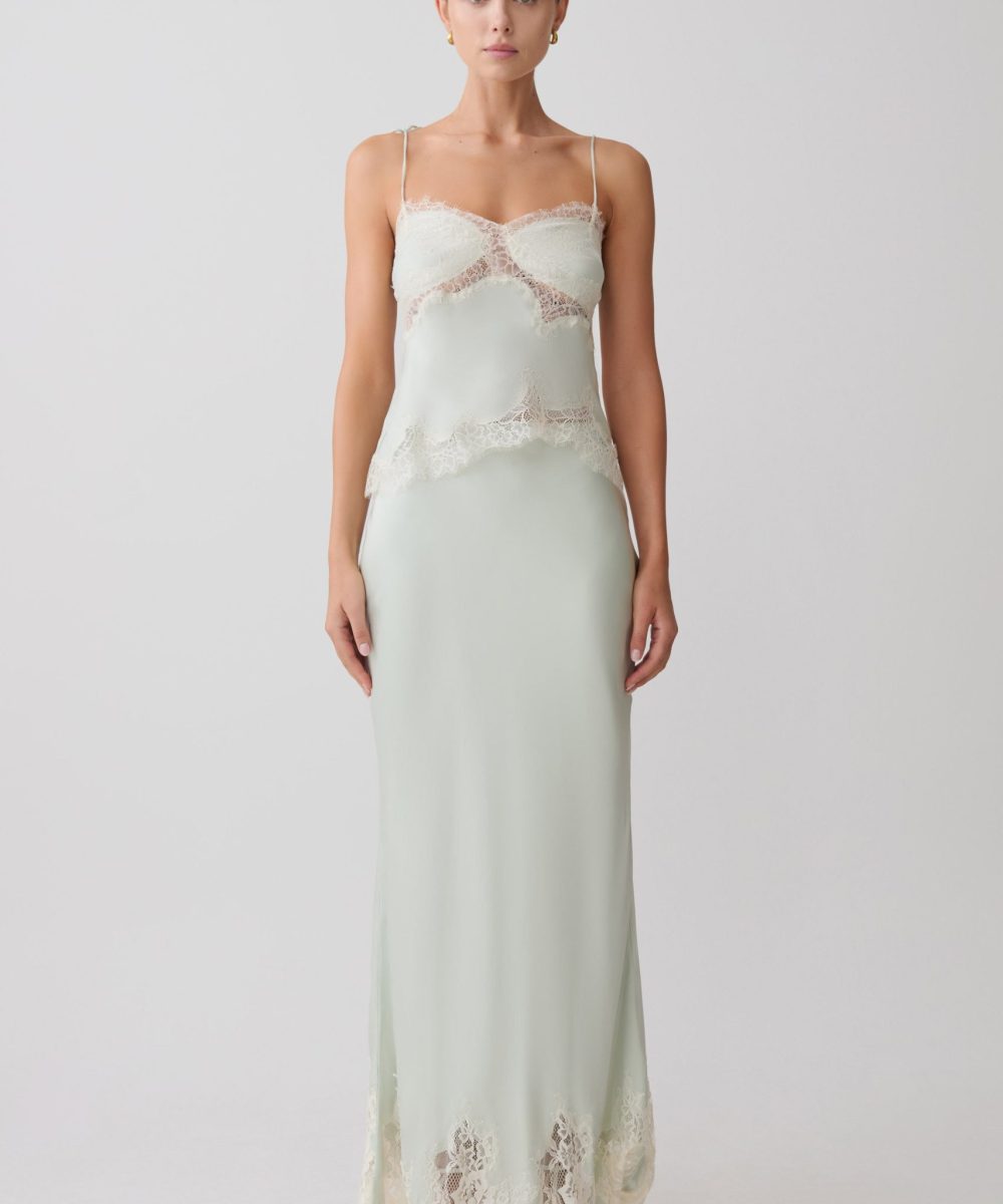 Nina Satin And Lace Maxi Skirt - Sage