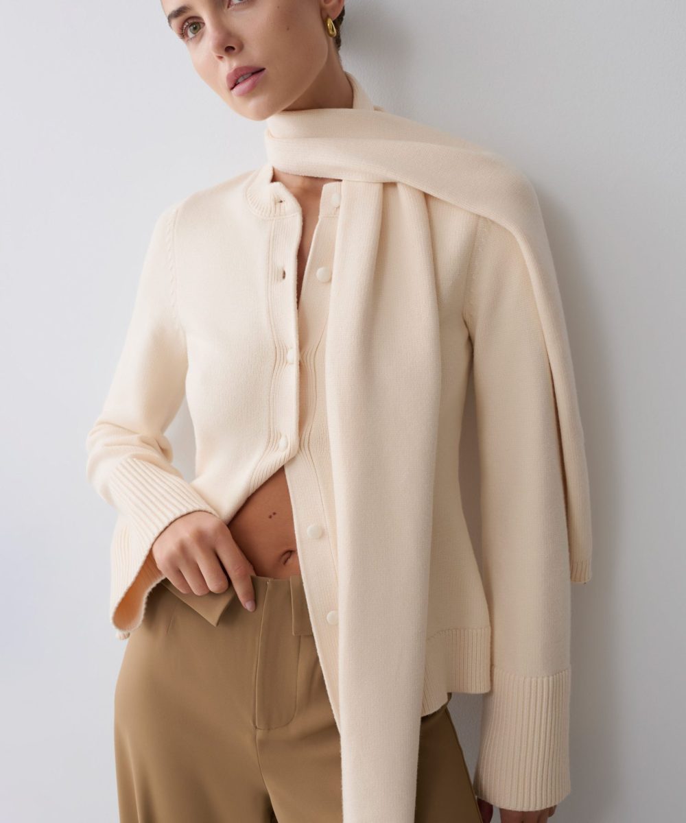 Lara Knit Cardigan With Scarf - Ivory