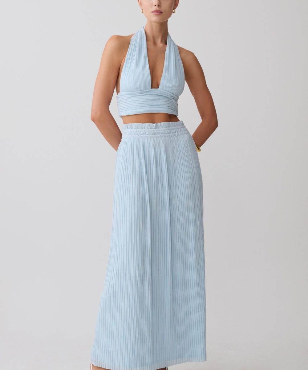 Amaris Gathered Plisse Maxi Skirt - Pale Blue