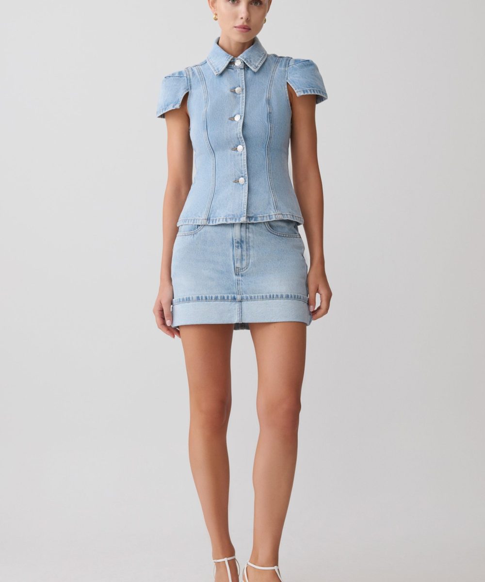 Bently Short Sleeve Denim Top - Washed Light Blue
