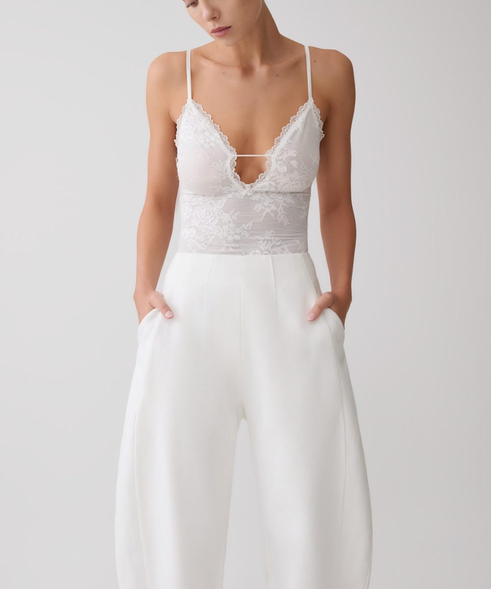 Jasper Sheer Plunge Lace Bodysuit - Ivory