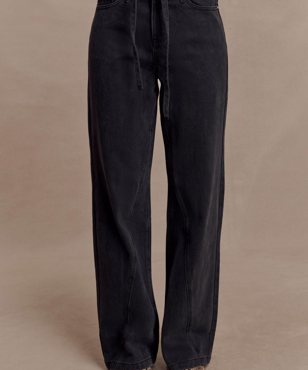 Perrie Mid Rise Straight Leg Tie Jeans - Washed Black