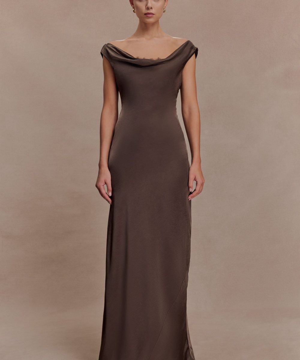 Ashley Cowl Neck Lace And Satin Maxi Dress - Mocha