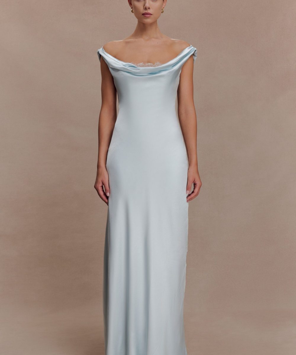 Ashley Cowl Neck Lace And Satin Maxi Dress - Ice Blue