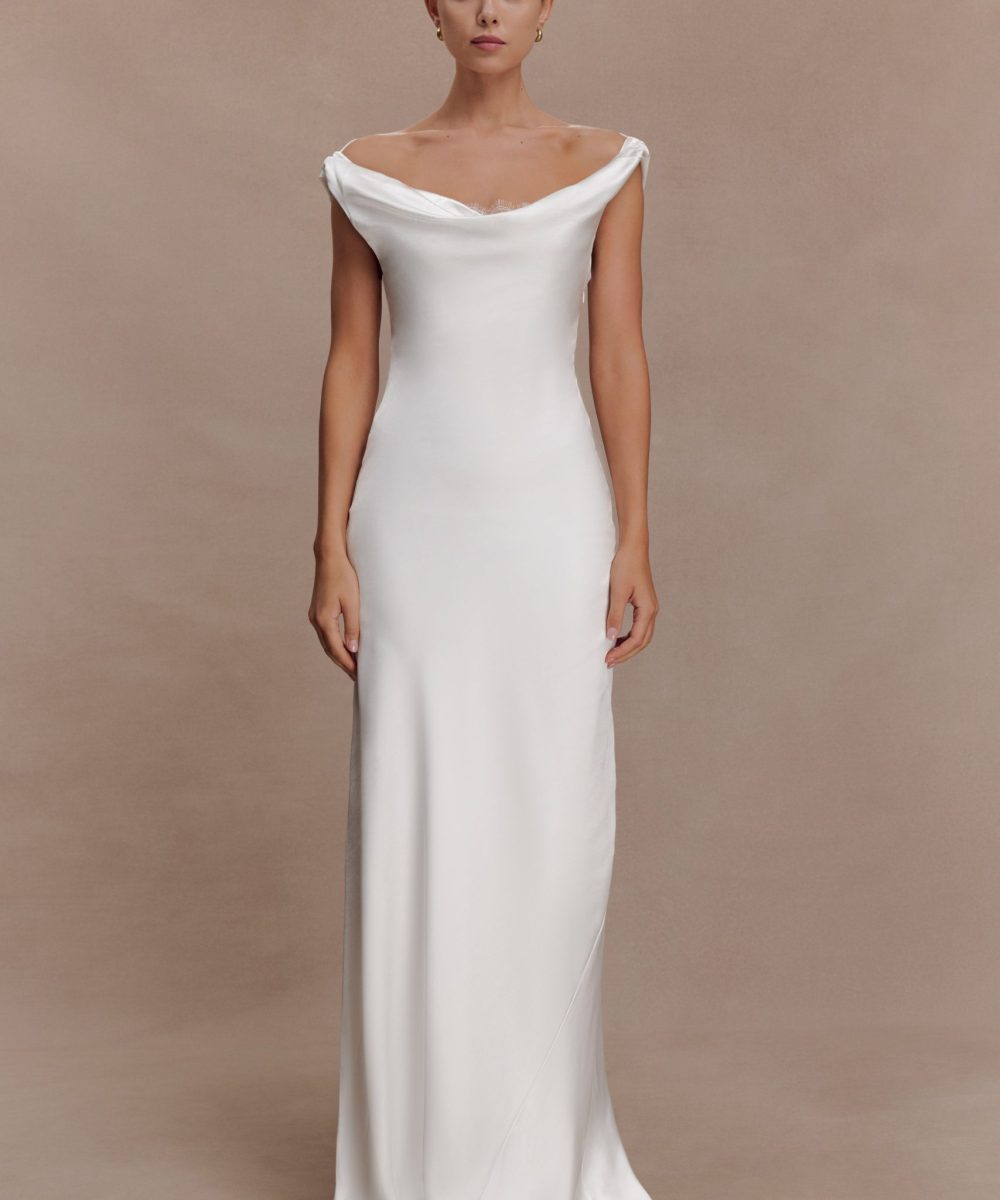 Ashley Cowl Neck Lace And Satin Maxi Dress - Ivory