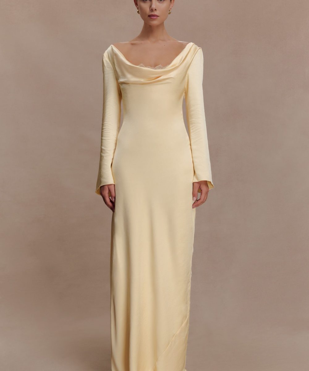 Eliza Long Sleeve Cowl Lace And Satin Maxi Dress - Lemon