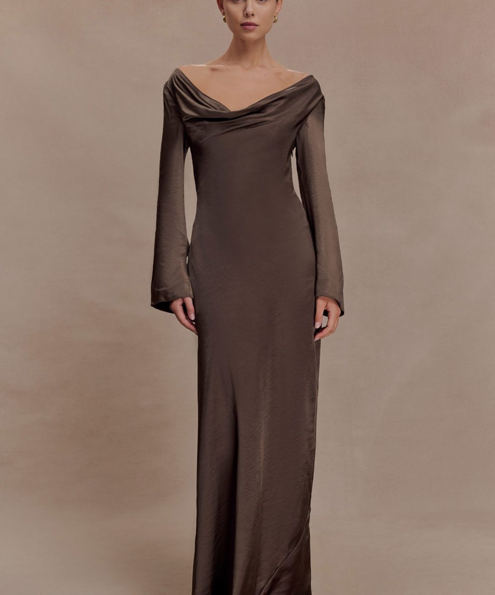 Eliza Long Sleeve Cowl Lace And Satin Maxi Dress - Mocha