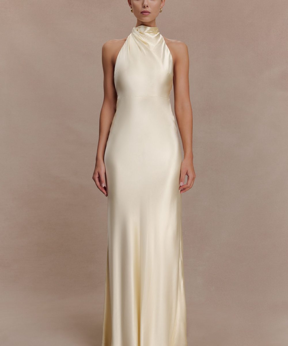 Esther Iridescent Satin Cowl Maxi Dress - Lemon Sorbet