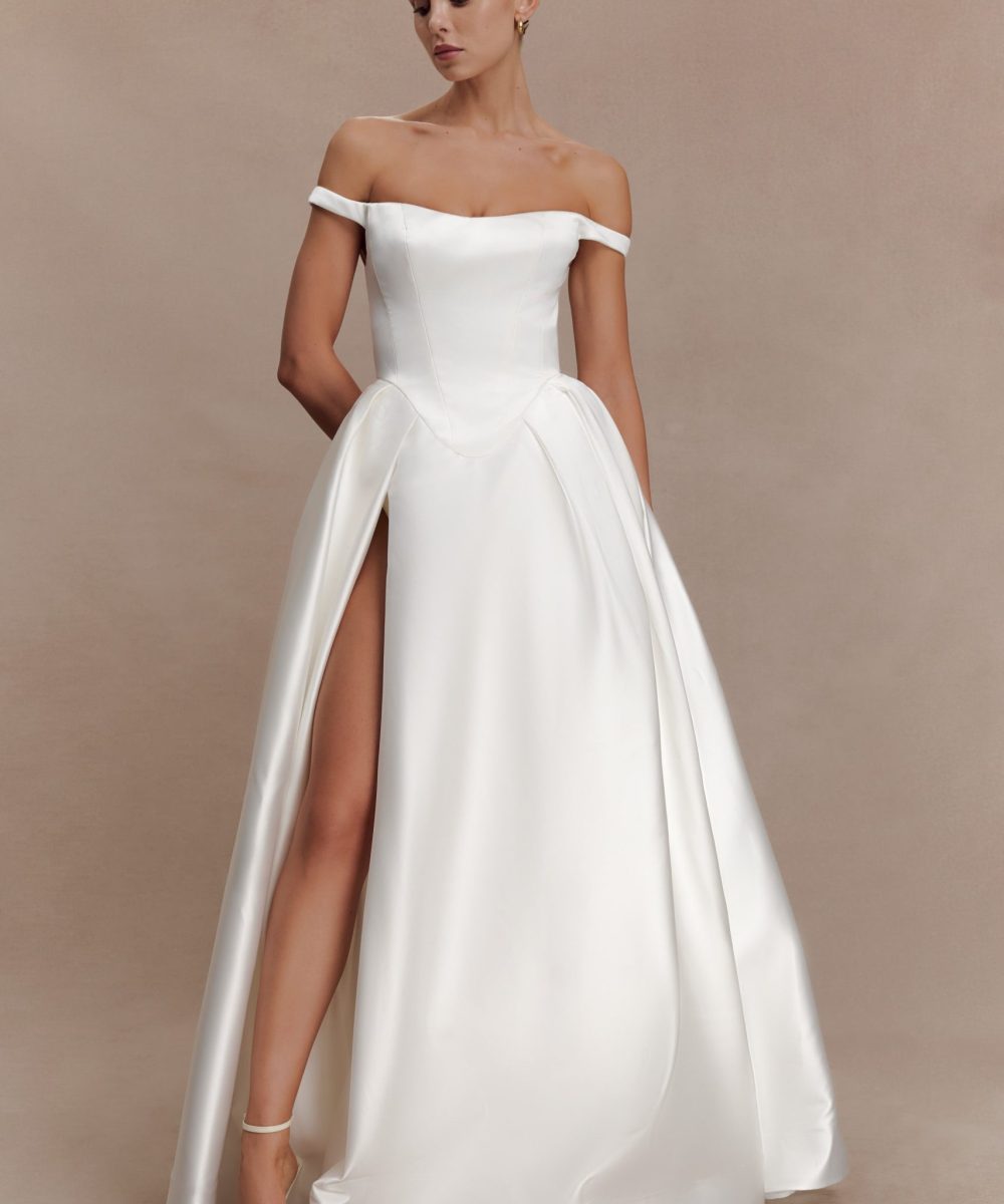Willow Off Shoulder Satin Maxi Gown - White