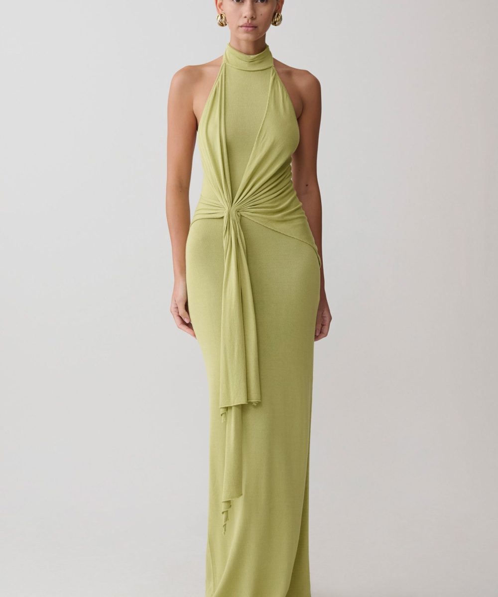 Cindylou Halter Knit Maxi Dress - Light Olive