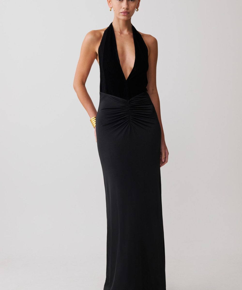 Lien Mesh Velvet Plunge Midi Dress - Black