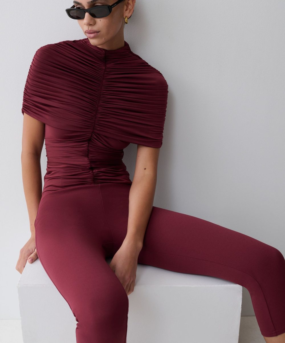 Linh Slinky High Neck Gathered Top - Mahogany