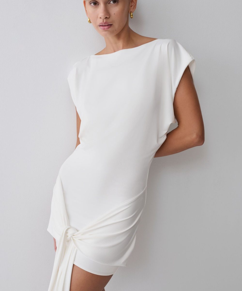 Maiara Shortsleeve Slinky Tie Mini Dress - White