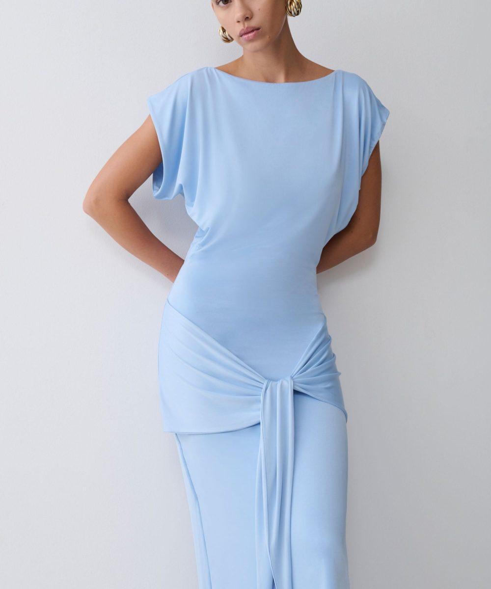 Maiara Shortsleeve Slinky Tie Maxi Dress - Sea Blue