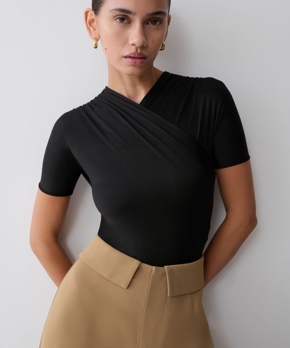 Junie Shortsleeve Cross-Over Bodysuit - Black