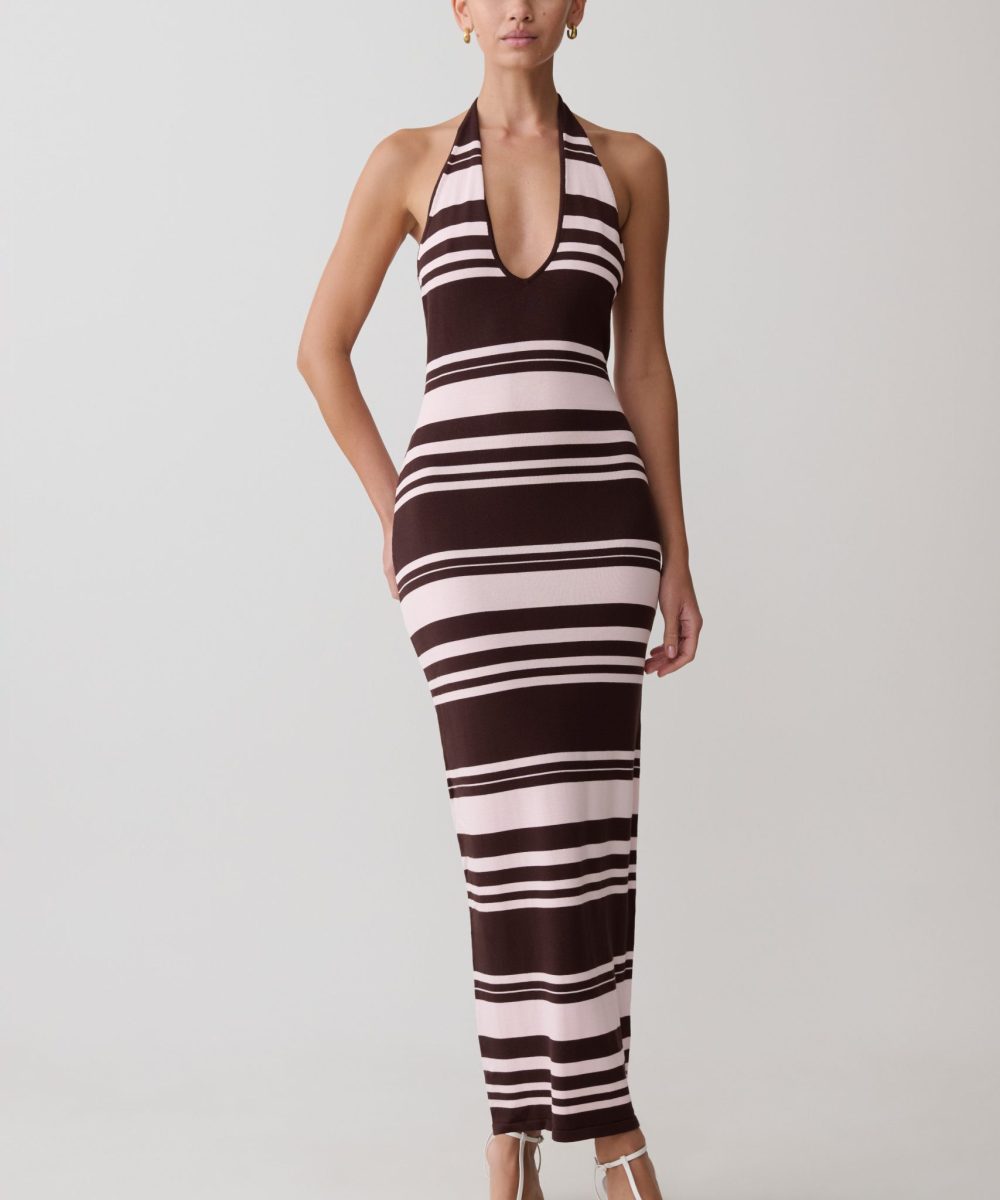 Brienne Stripe Midi Dress - Pink/Chocolate