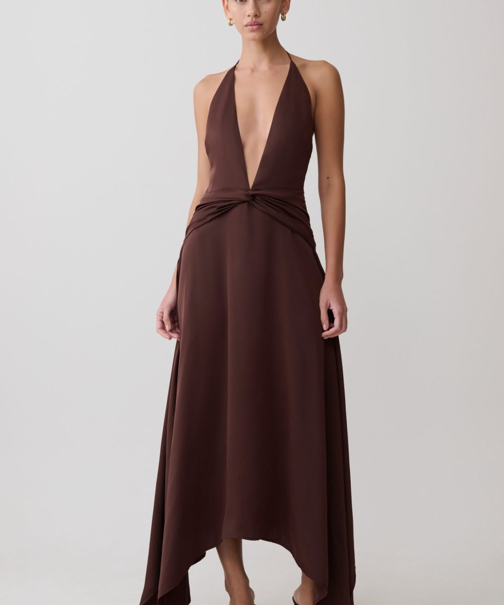 Cyra Plunge Satin Midi Dress - Dark Chocolate