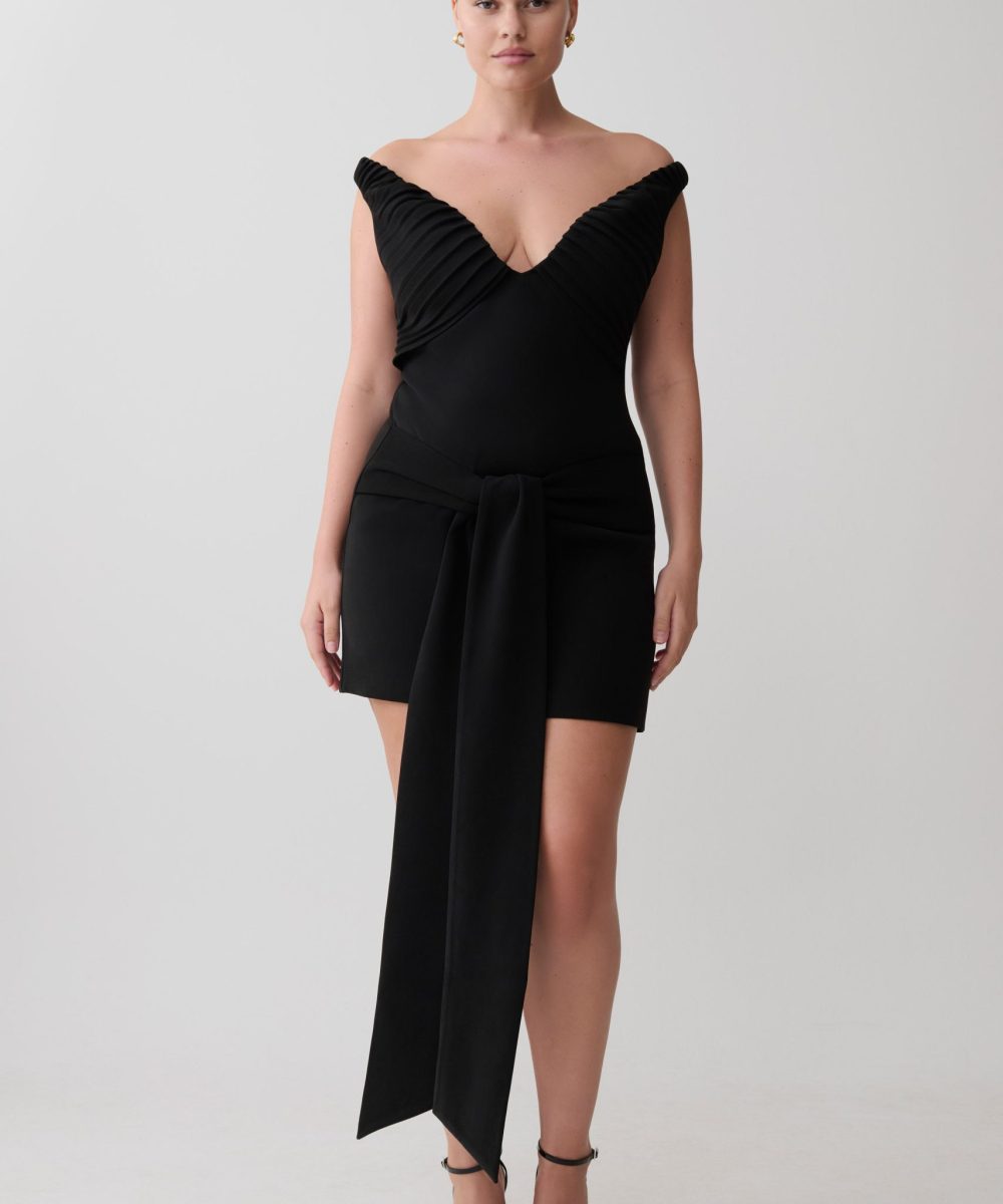 Runa Off Shoulder Mini Dress With Waist Tie - Black
