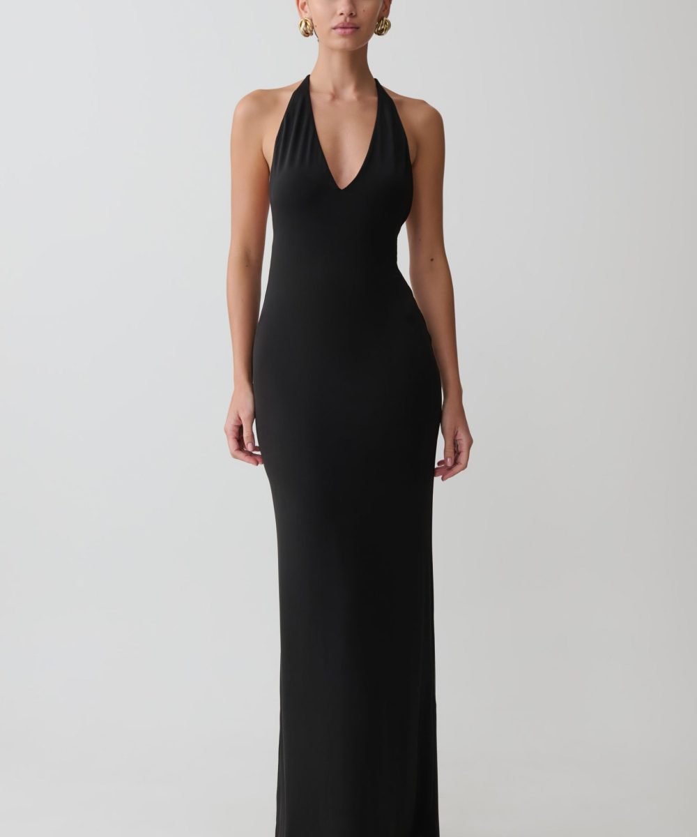 Hana Slinky Plunge Maxi Dress - Black