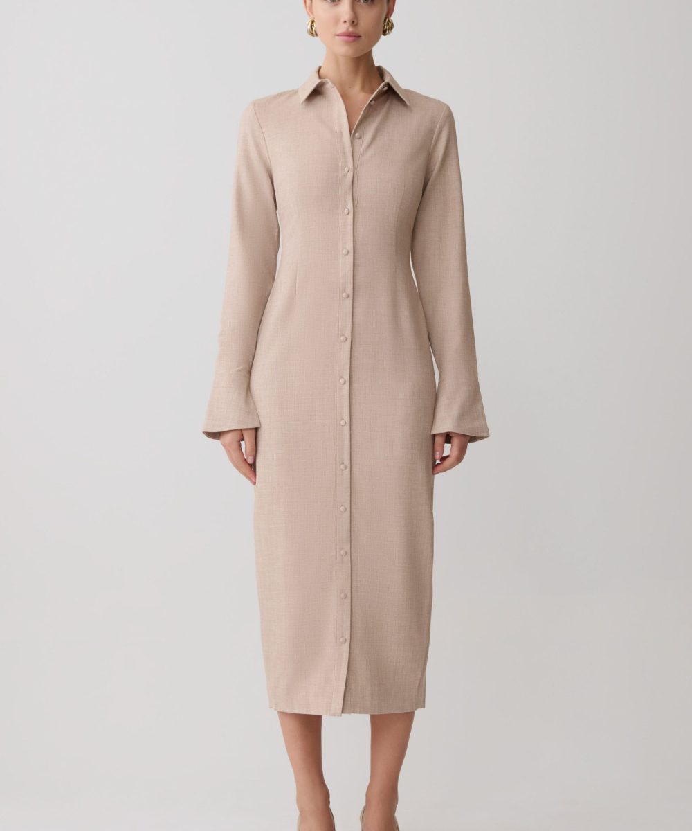 Dorian Fitted Shirt Midi Dress - Wheat Marle