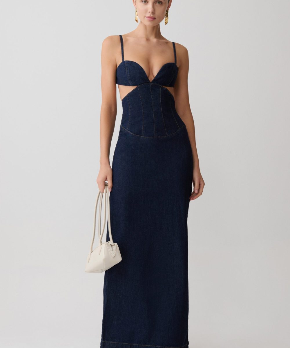 Amila Denim Cupped Maxi Dress - Indigo Blue