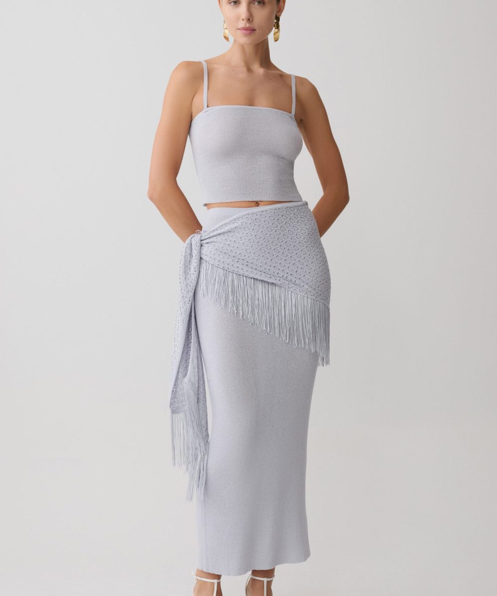 Jaytee Knit Maxi Skirt With Fringe Tie - Sky Blue