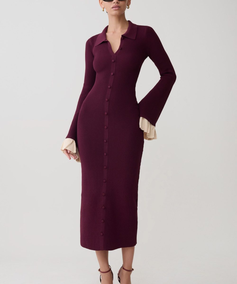 Amirose Ruffle Knit Midi Dress - Plum
